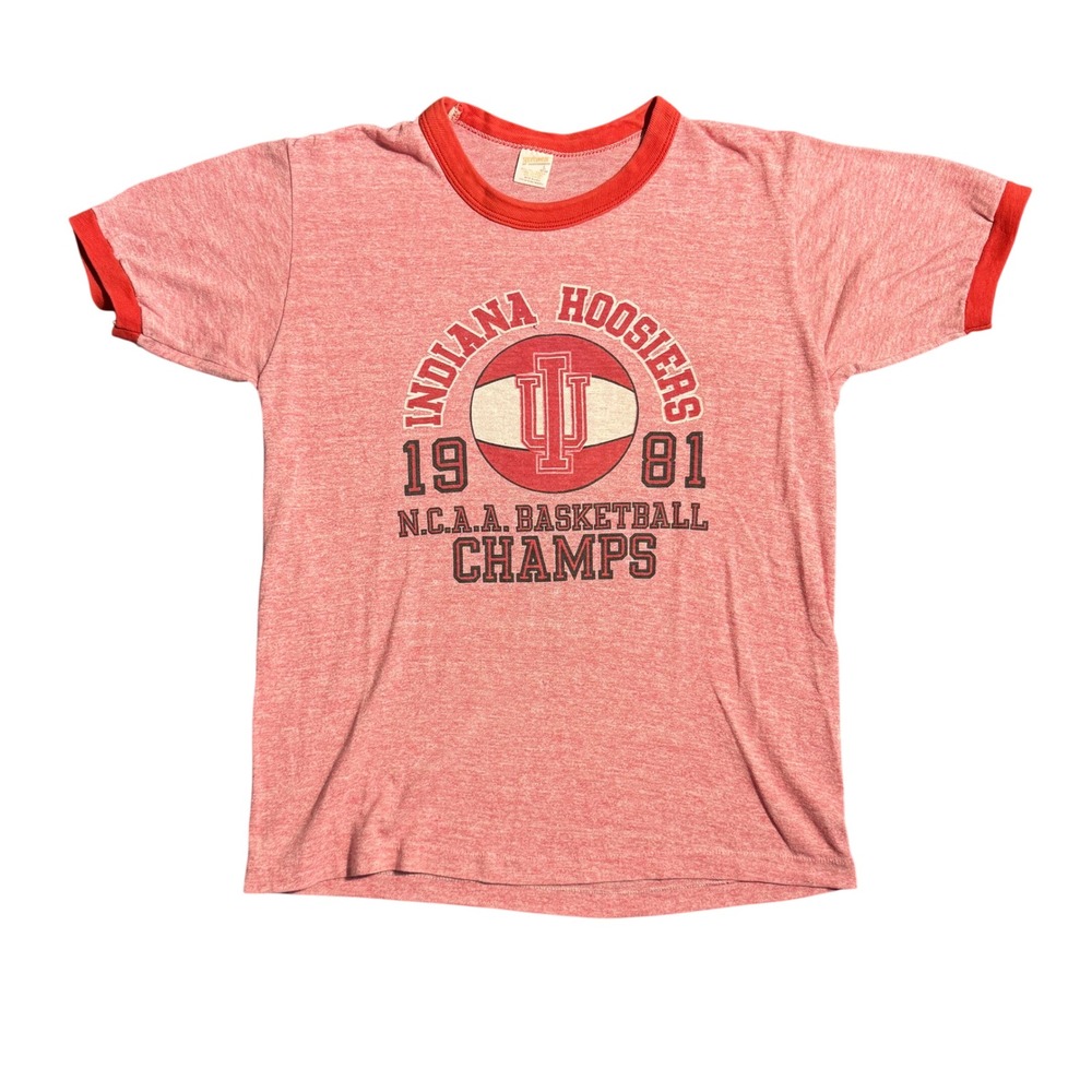 Vintage 1981 Indiana Hoosiers NCAA Basketball Champs Ringer Tee Red L Sportswear